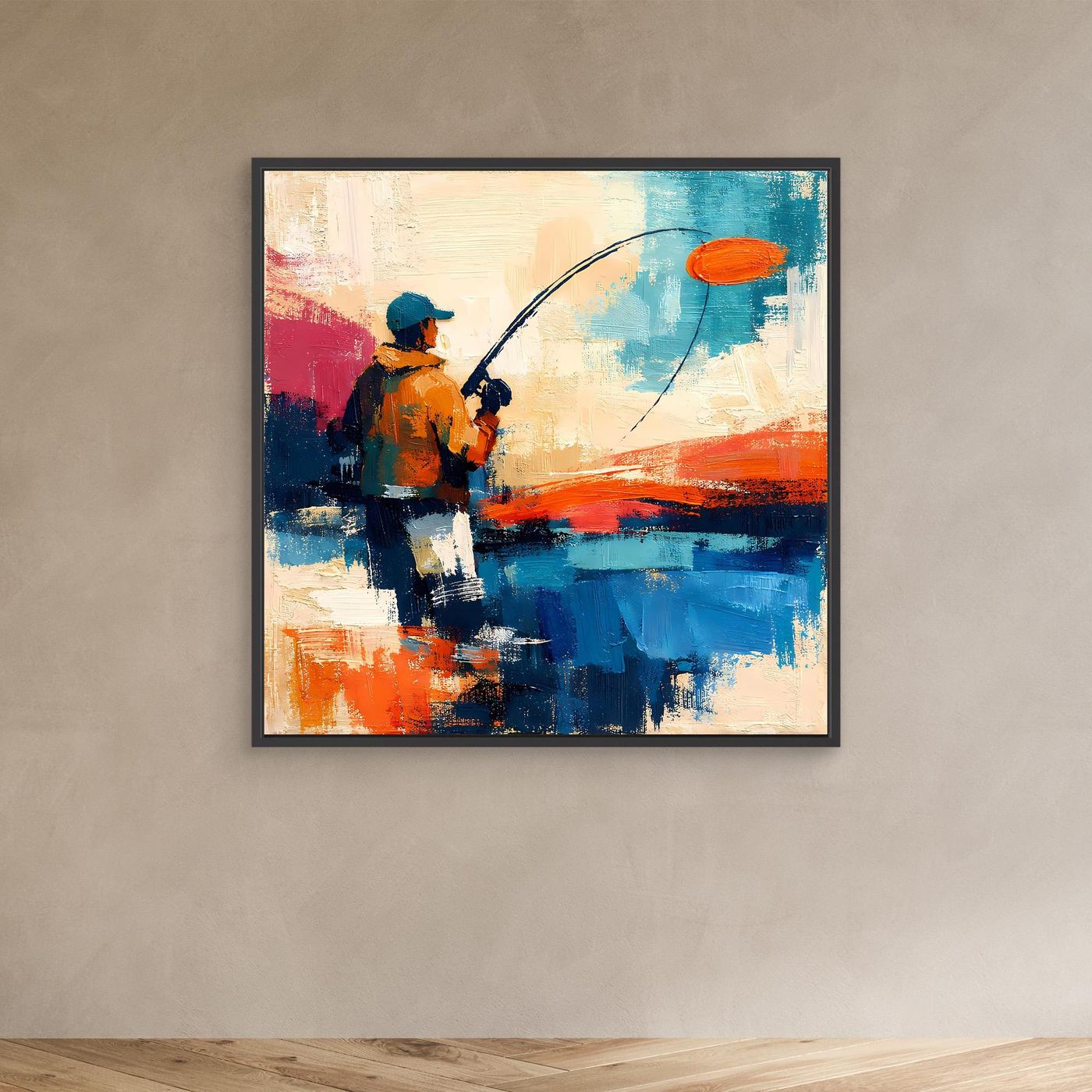 Dark-framed abstract canvas wall art featuring an angler casting a line and orange float.