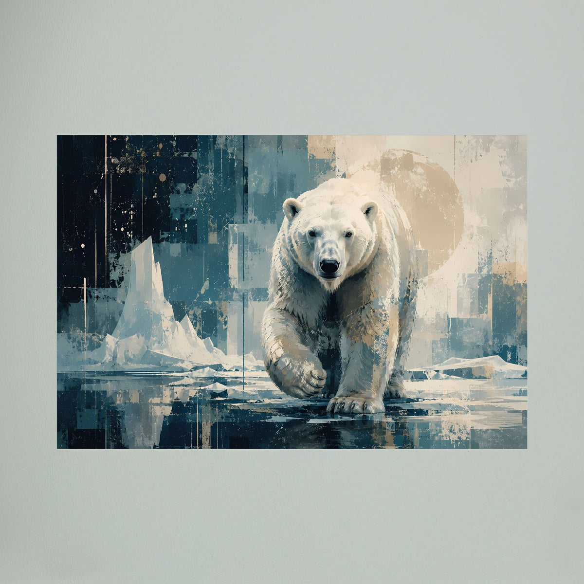 Poster mit Eisbär im Blau-Beige-Abstraktbild, weißes Tier, querformatig