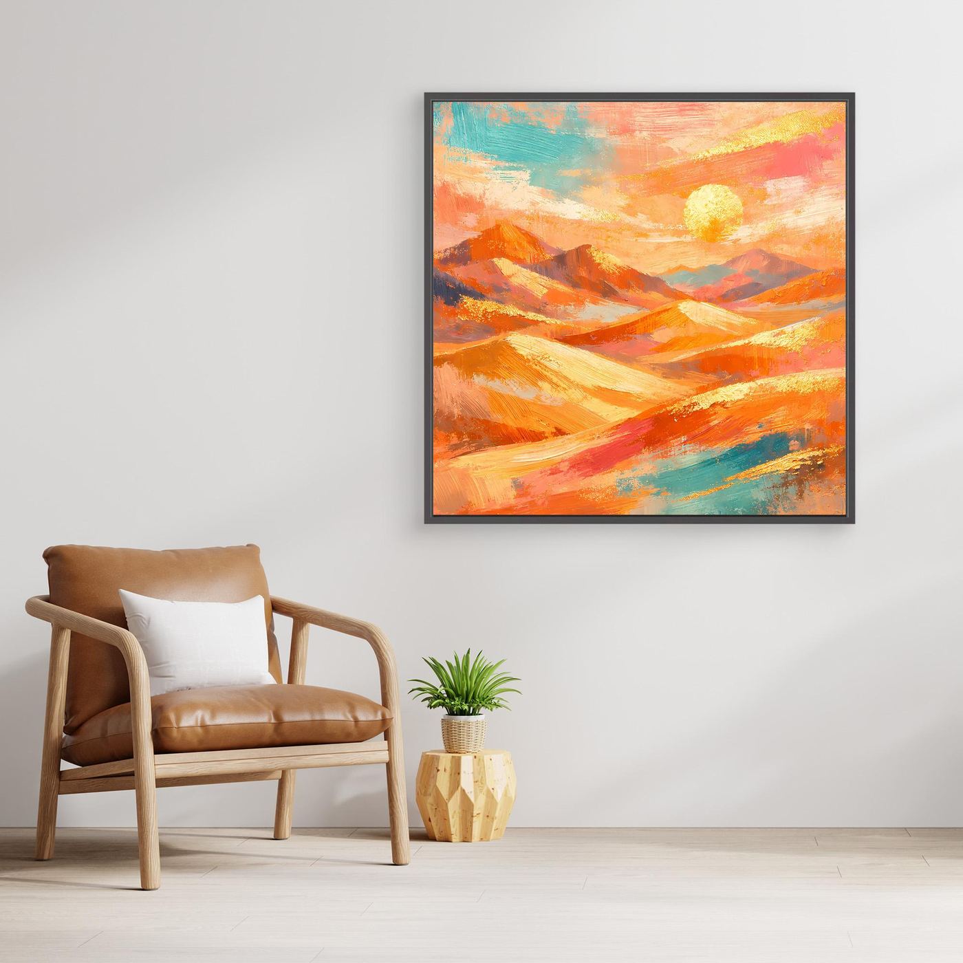 Quadratisches Leinwandbild mit gemalten Dünen und Hügeln in Pastellfarben, Sonne im Bild