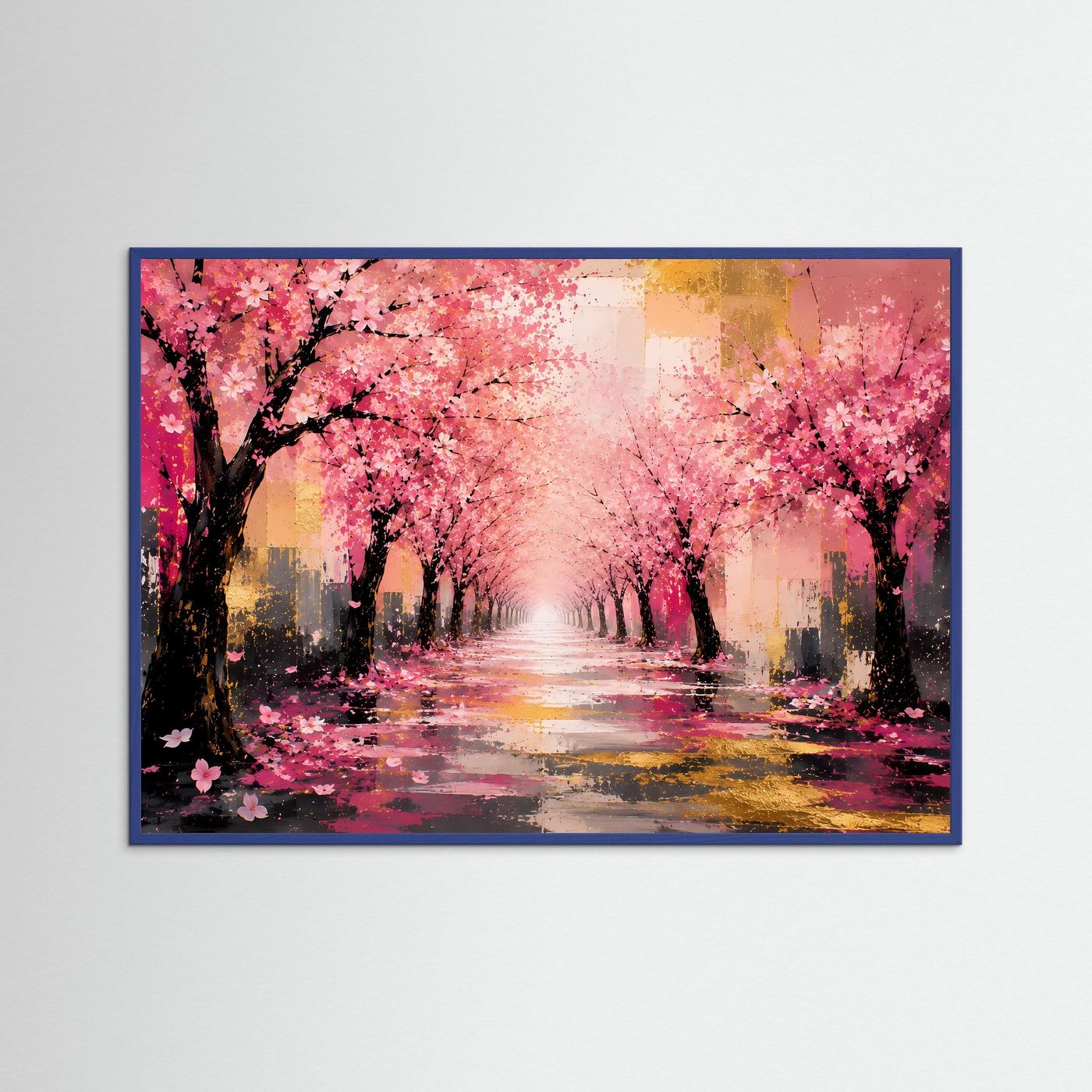 Kirschblütenallee in Rosa & Gold | Abstraktes Frühlings-Wandbild in Premiumqualität