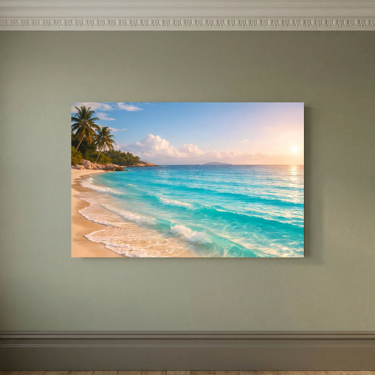 Wandposter Tropischer Strand bei Sonnenaufgang: türkisfarbenes Meer, Palmen und Wellen