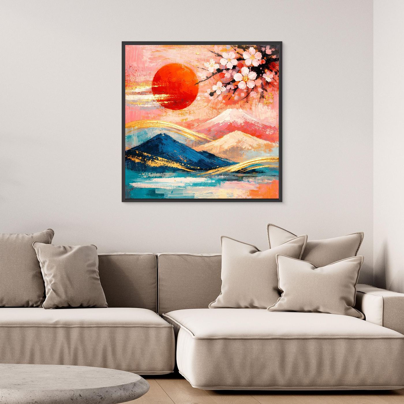 Leinwandbild mit Kirschblüten, roter Sonne und Berglandschaft in Pastellfarben, mit schwarzem Rahmen