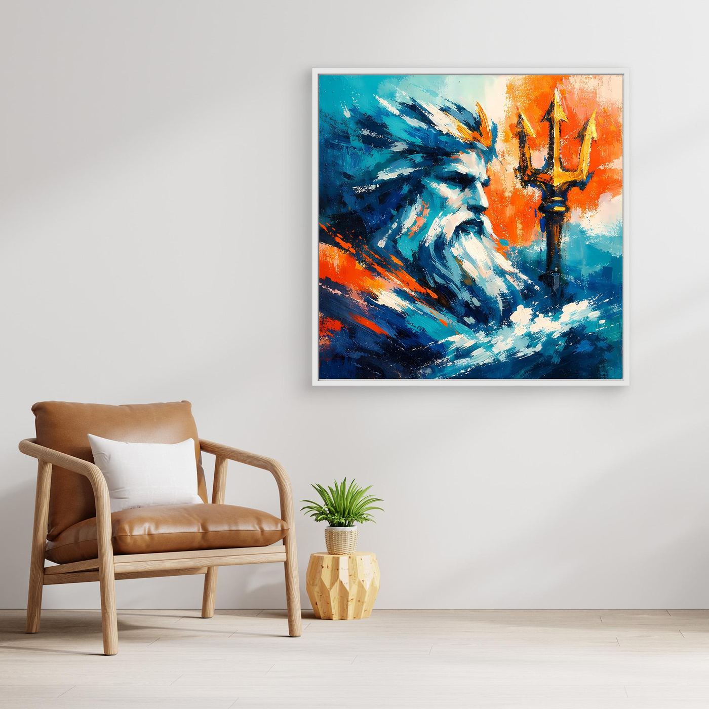 Wall art with light frame, blue waves, teal figure, orange candles