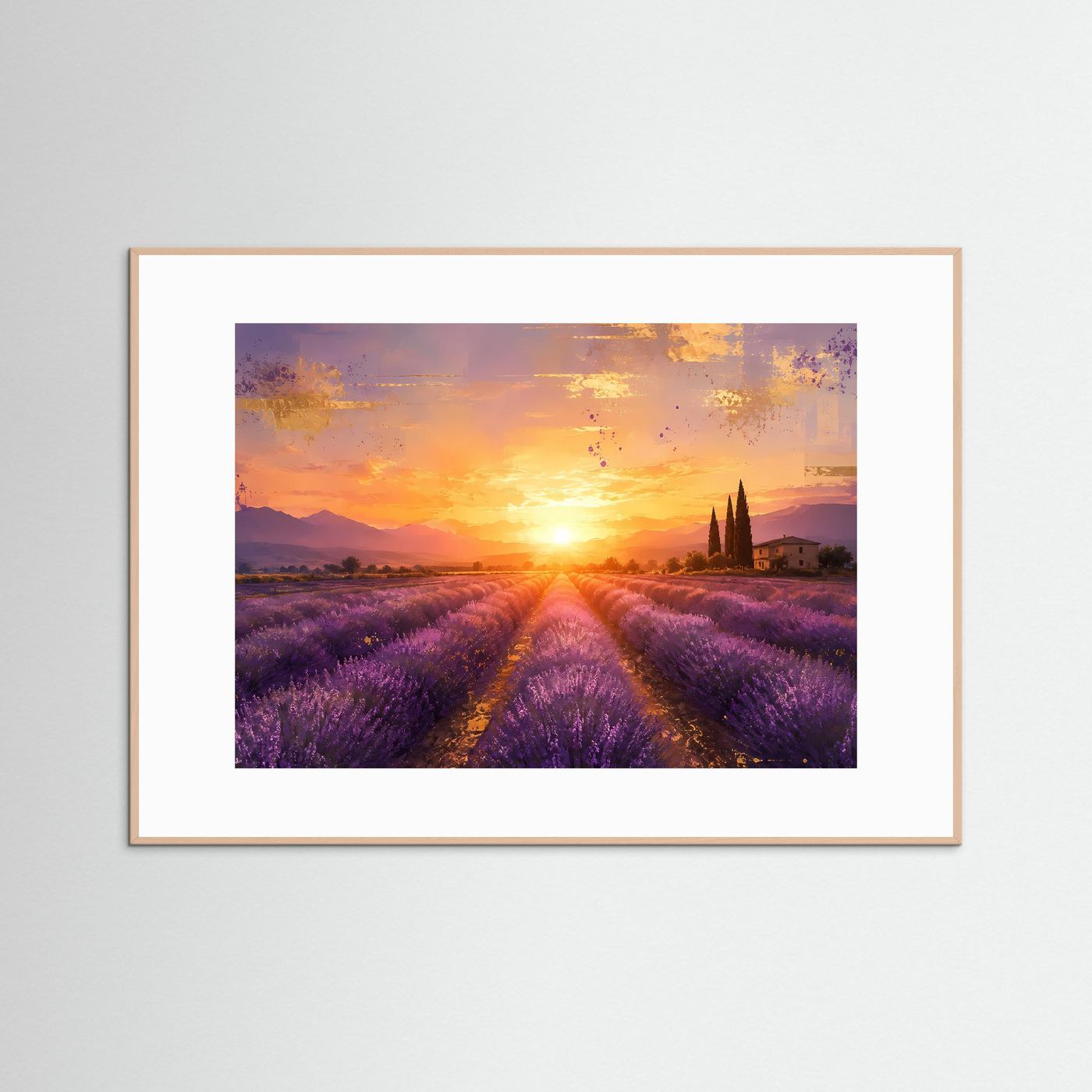Lavendelfeld in der Provence bei Sonnenuntergang | Romantisches Poster in Lila & Gold | Panoramabild Querformat