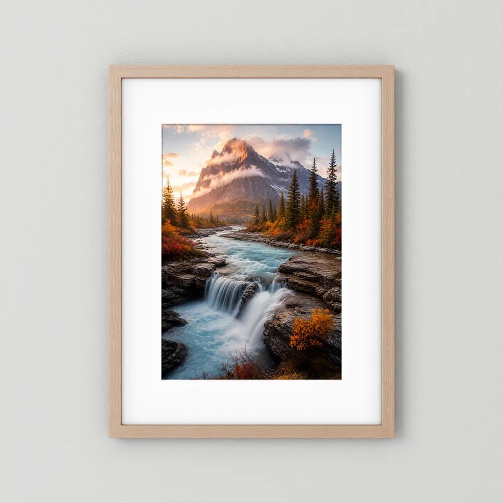 Hochformat-Poster im hellen Holzrahmen mit Passepartout und Wasserfall in Berglandschaft
