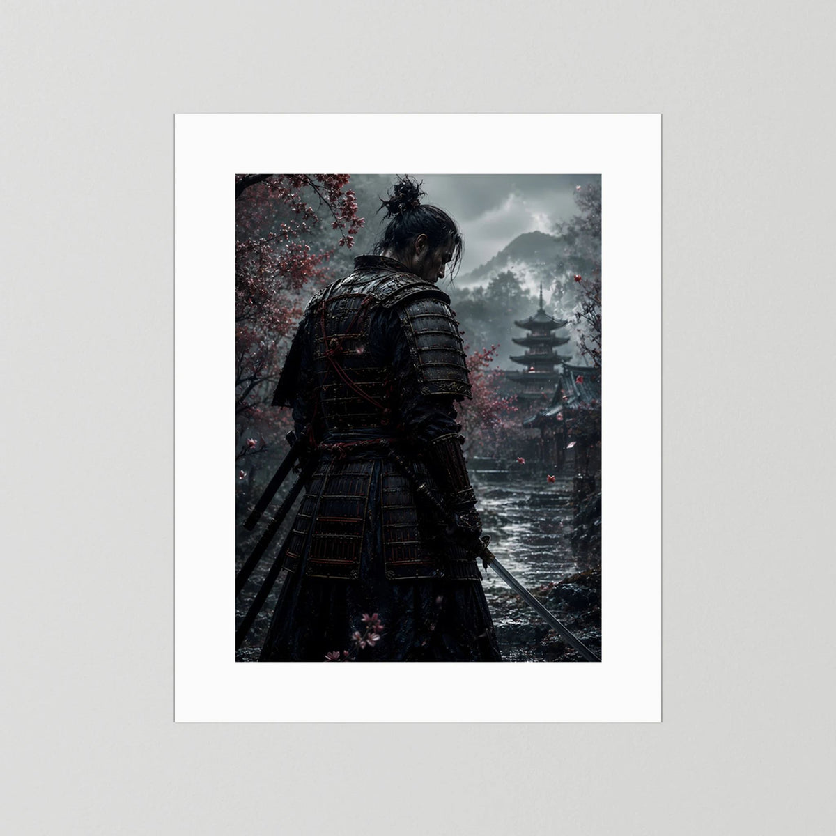 Hochformatiges Poster mit Samurai-Rückansicht, Schwert und Kirschblüten im Garten.
