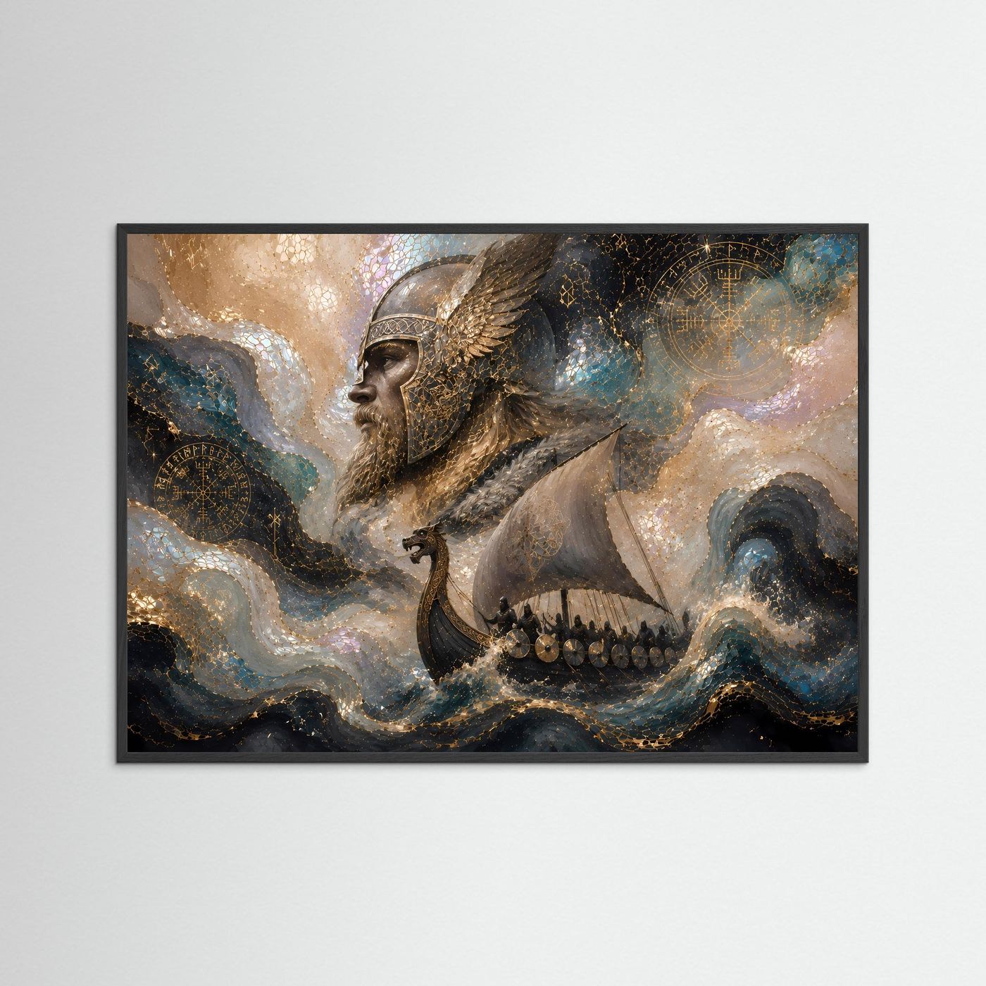 Querformat-Poster im schwarzen Rahmen: Wikinger im Drachenboot, goldene Meeresdetails