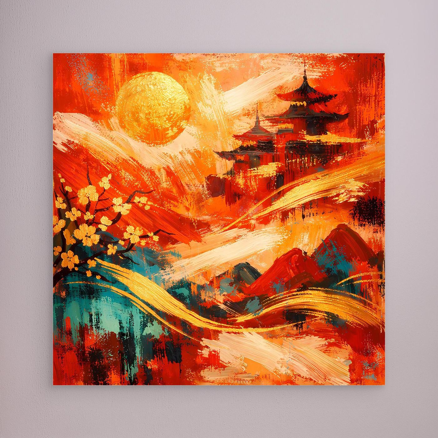 Abstraktes Leinwandbild „Pagode“ ohne Rahmen: rotes Motiv mit goldener Sonne und Pagode