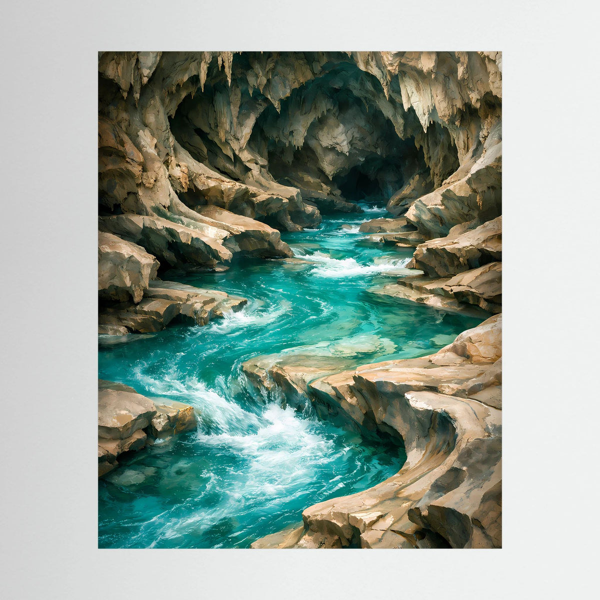 Kunstposter Hochformat: türkisfarbene Höhlenquelle mit Felswänden und klarem Wasser.