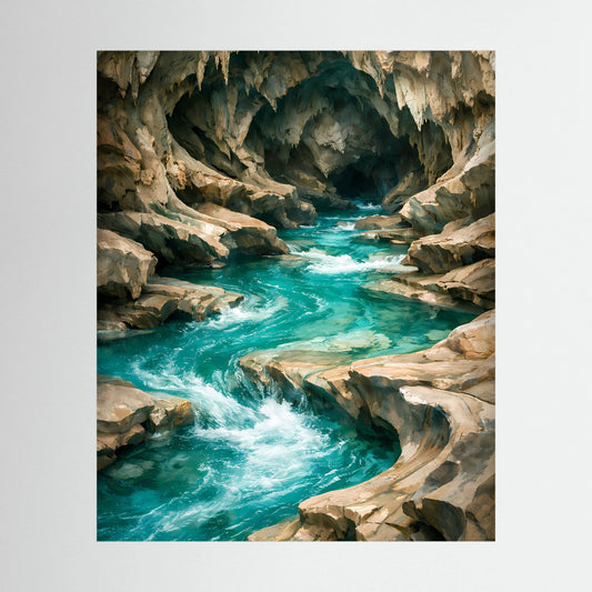 Kunstposter Hochformat: türkisfarbene Höhlenquelle mit Felswänden und klarem Wasser.