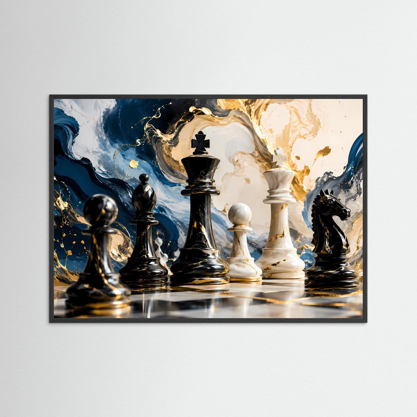 Elegantes Schachspiel in Blau, Weiß & Gold | Strategie & Abstrakte Kunst Wandbild