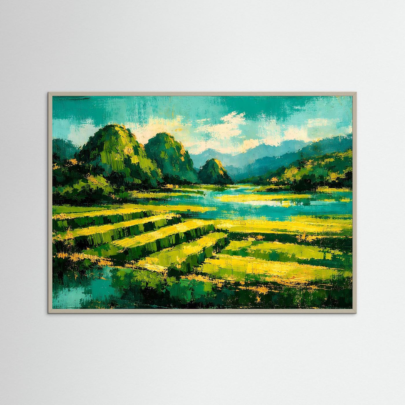 Gerahmtes Textur-Naturposter im Querformat: Reisterrassen und Fluss mit grünen Bauminseln.