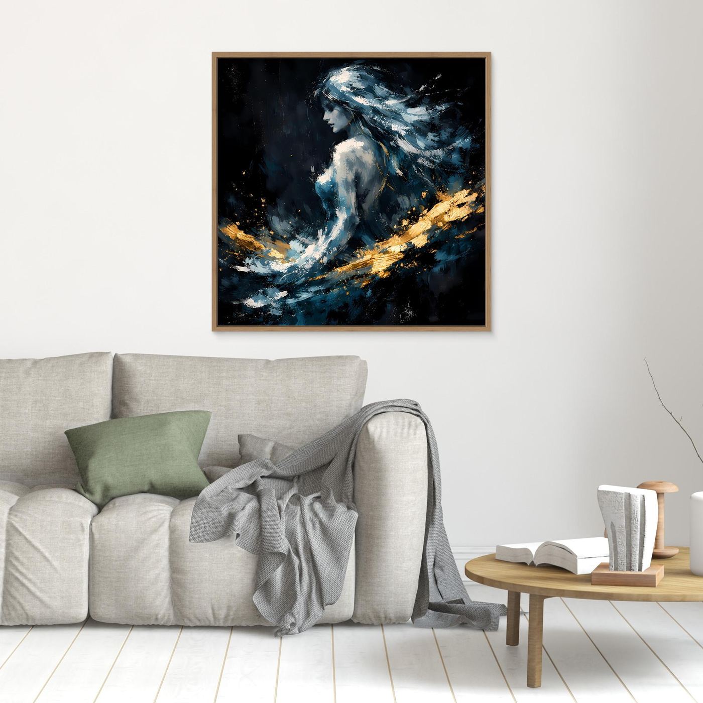 Leinwand Mystische Frauen-Figur in Blau und Gold | Modernes Abstraktes Fantasie Wandbild