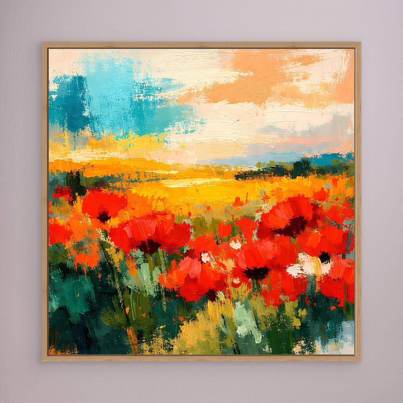 Abstract poppy field wall art with red flowers and orange horizon, wood frame