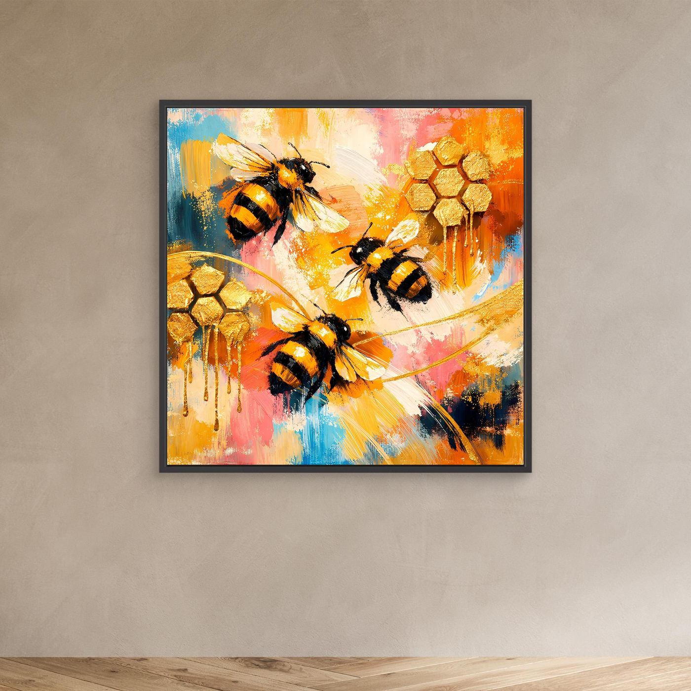 Quadratisches Leinwandbild mit Bienen und goldenen Waben, schwarzer Rahmen