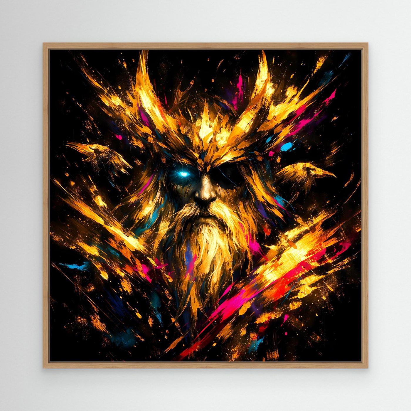 Leinwand Goldener Odin der Allvater mit Raben | Modernes Nordisches Mythologie Wandbild