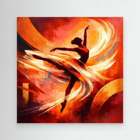 Abstraktes Leinwandbild: Silhouette einer Ballerina im Tanz, orange Farbwirbel