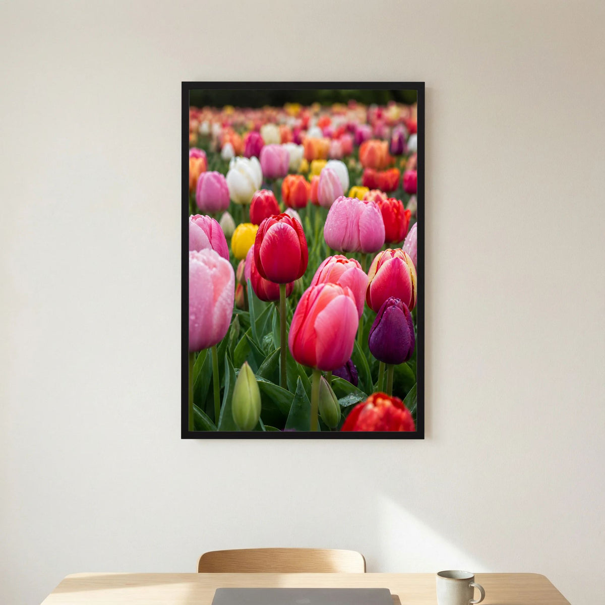 Tulpenblütenposter im schwarzen Rahmen, bunte Blüten in Rosa und Rot.