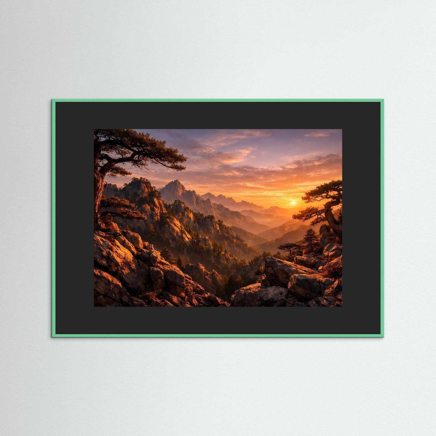 Poster mit Berglandschaft im Sonnenuntergang, grüner Holzrahmen