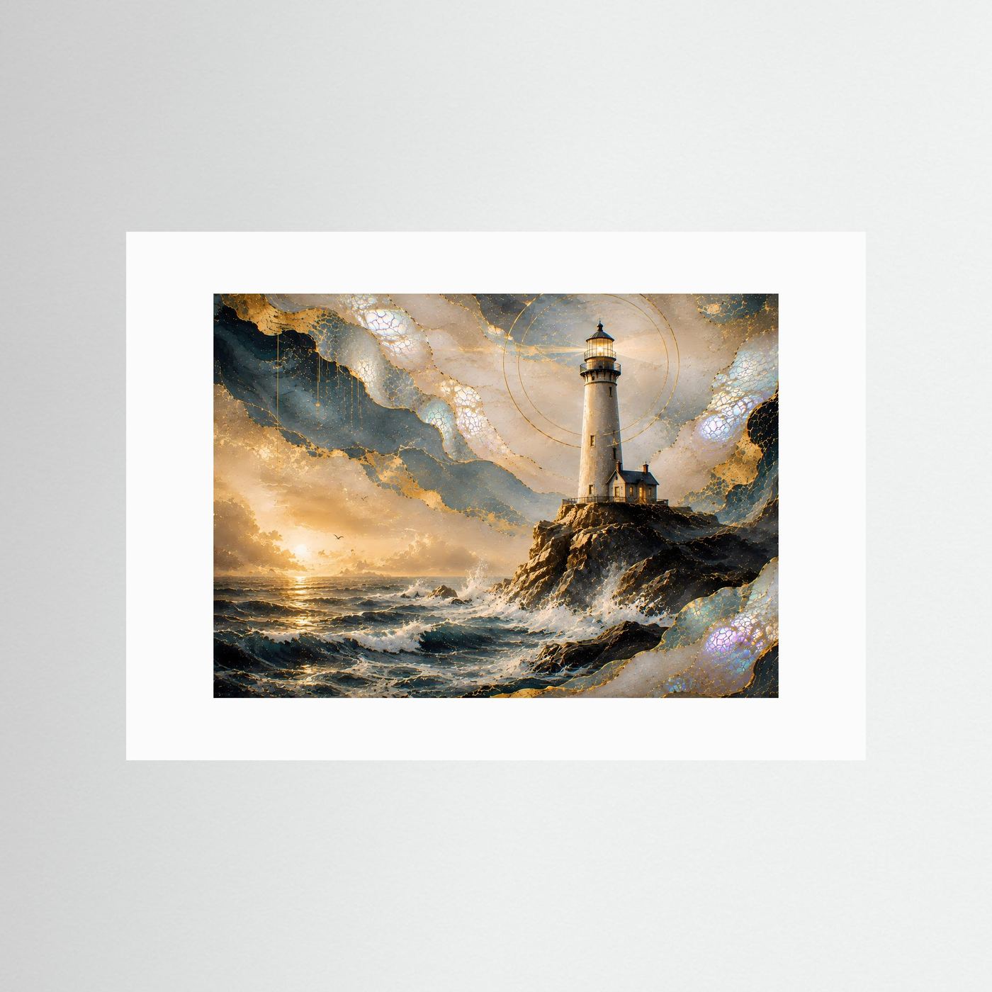 Leuchtturm am Meer bei Sonnenuntergang | Abstrakte Küstenkunst Gold