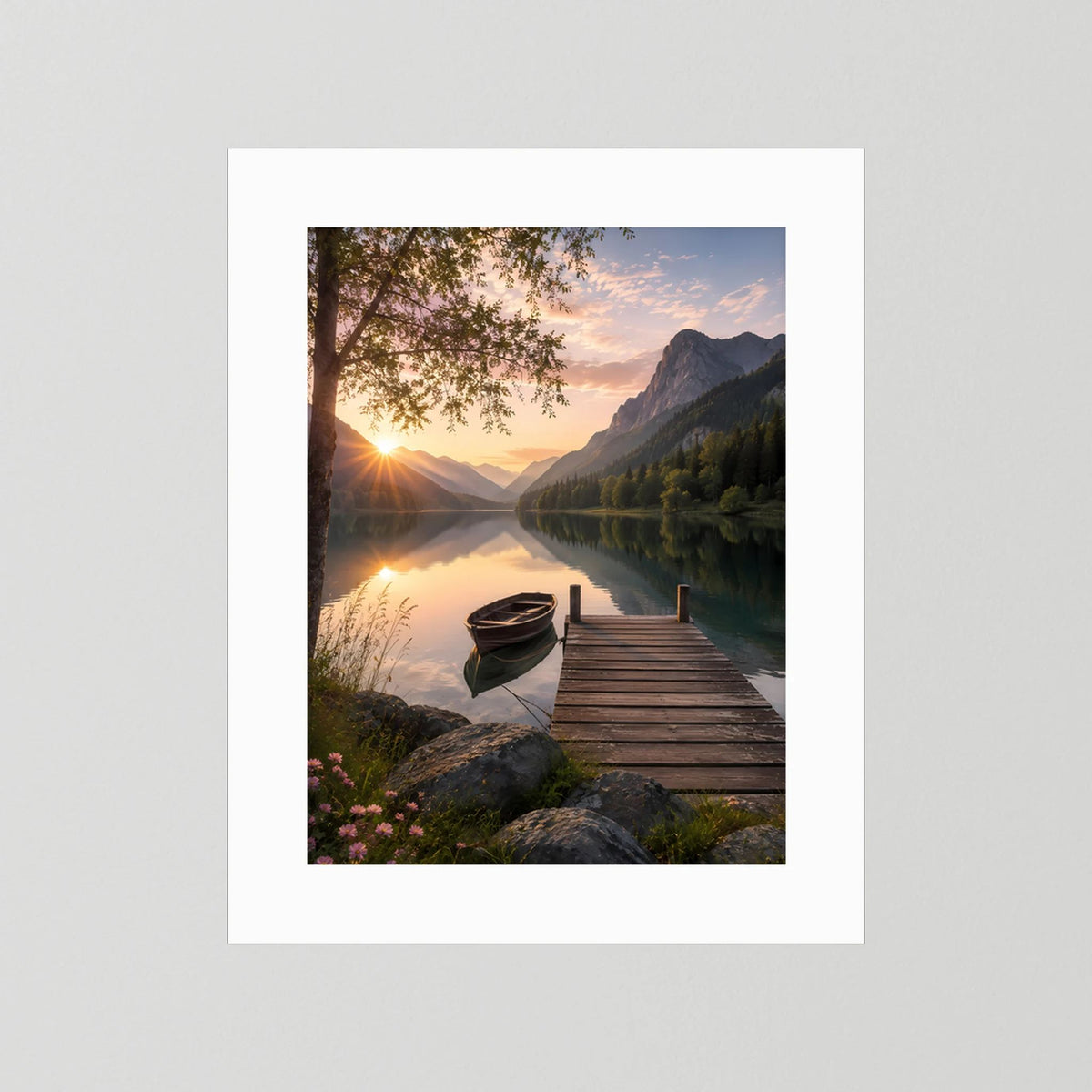 Poster mit weißem Rand: See mit Boot und Holzsteg im Licht des Sonnenaufgangs