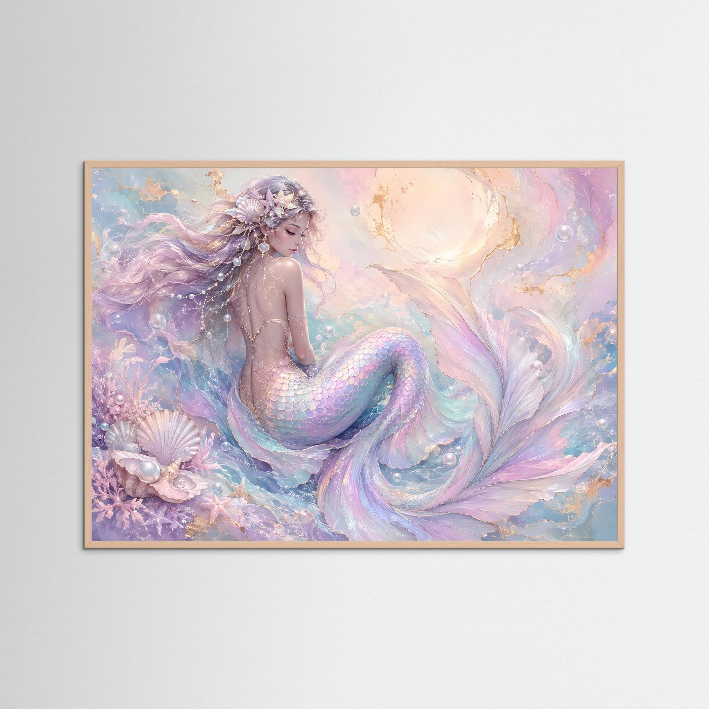 Meerjungfrau Poster Querformat | Pastell Fantasy Meerjungfrau Wandbild | Elegante Ozean Kunst