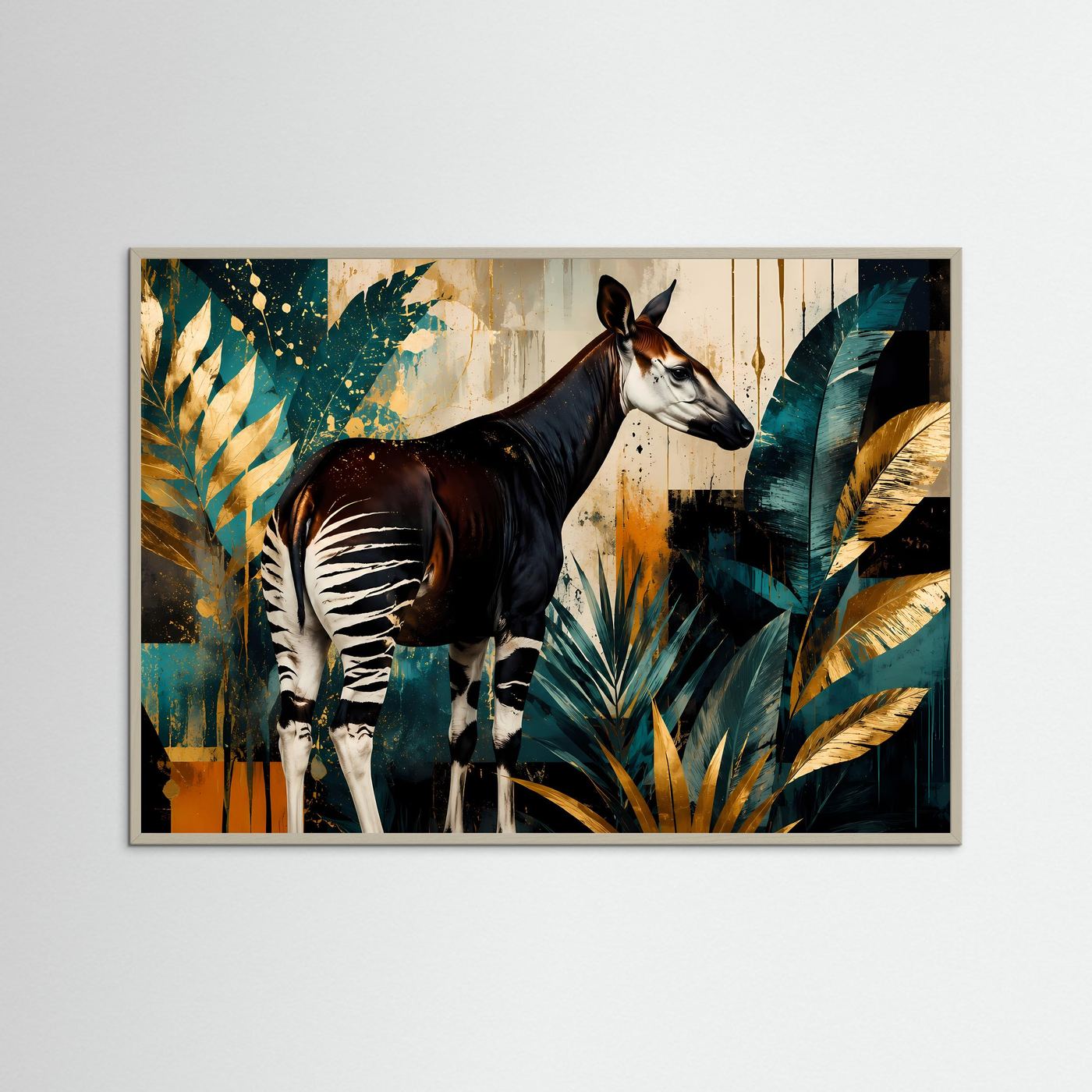 Anmutige Okapi im Dschungel-Farbspiel | Modernes Wildlife- & Dschungel-Poster Querformat