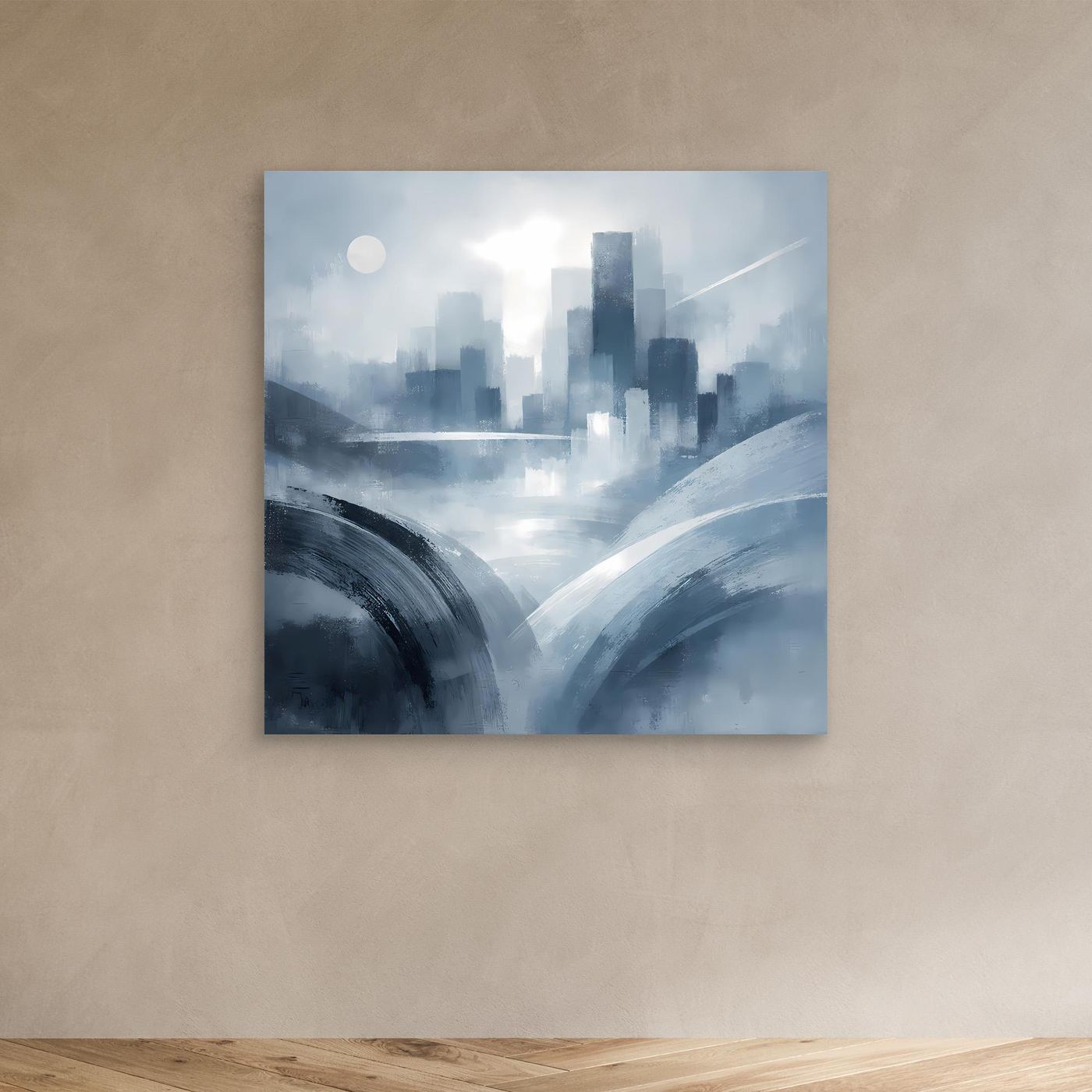 Kleines Leinwandbild abstrakte Skyline in Blau-Grau ohne sichtbaren Rahmen