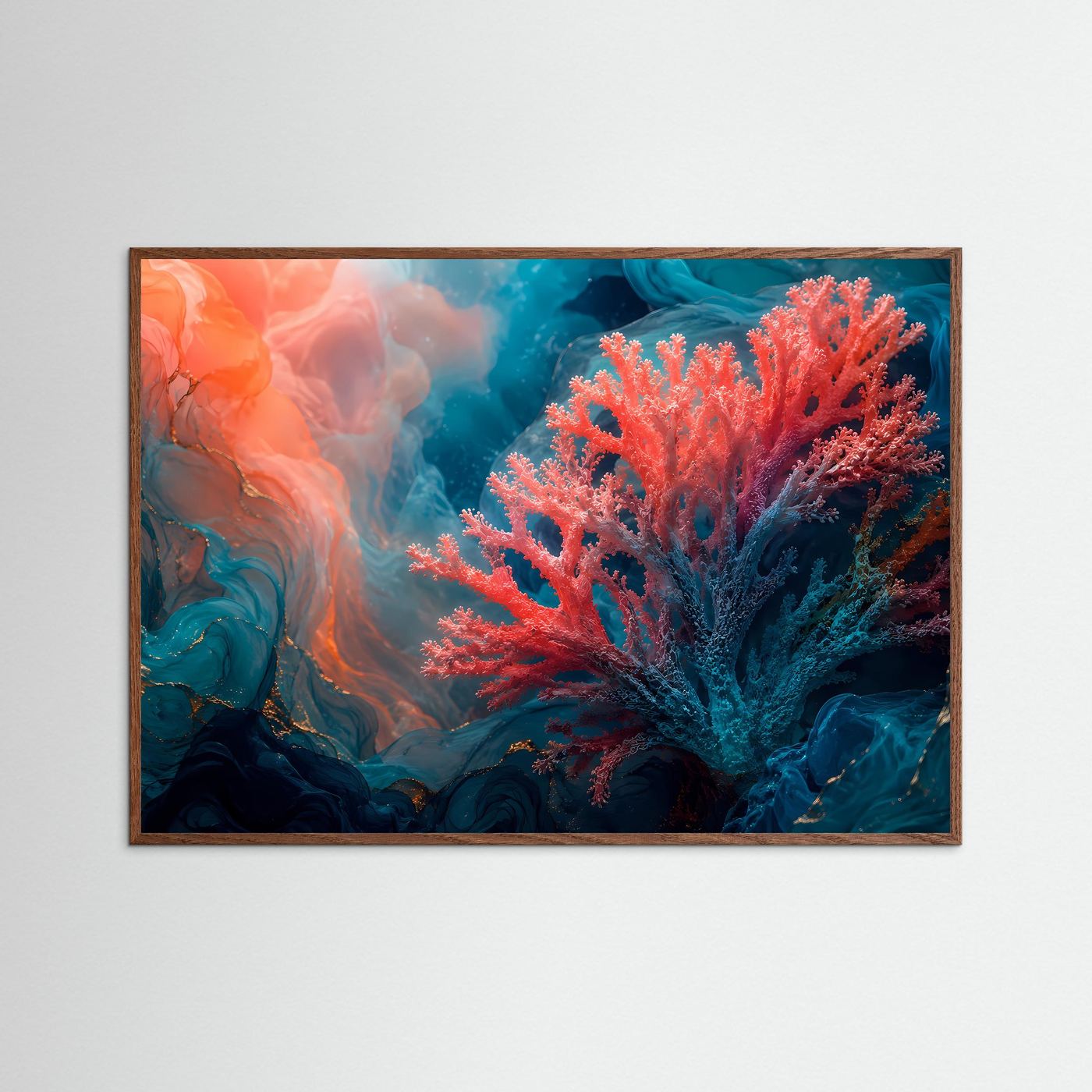 Unterwasser-Kunstposter mit Korallenmotiv in Coral- und Blautönen, dunkler Holzrahmen