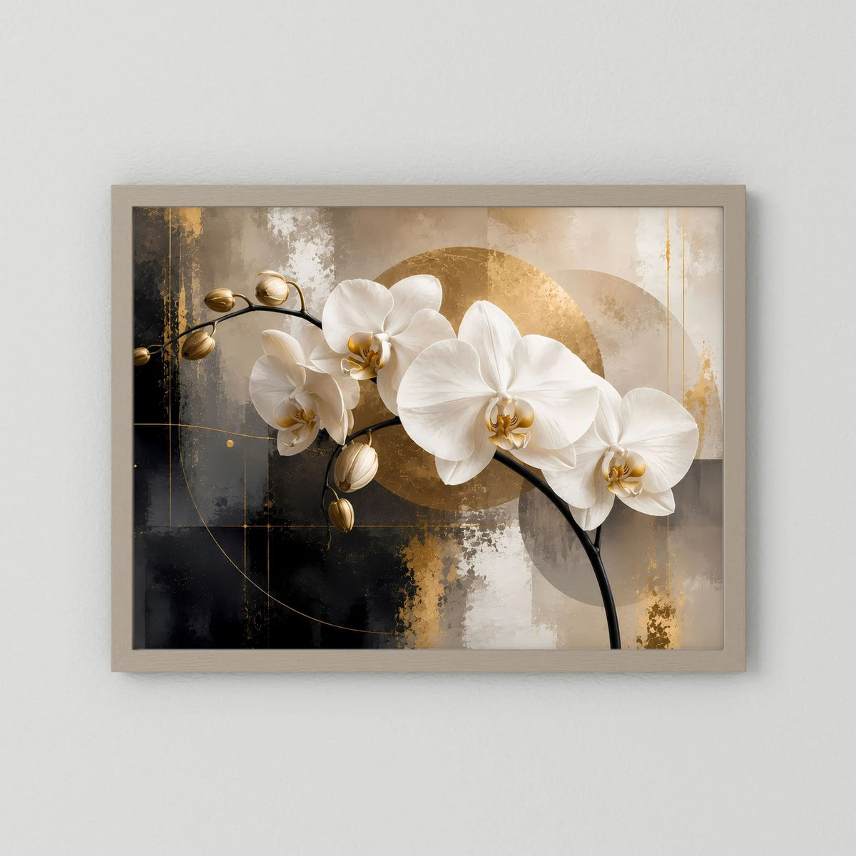 Querformatiges Leinwandbild mit weißen Orchideenblüten auf goldenem Abstraktmotiv, grau gerahmt