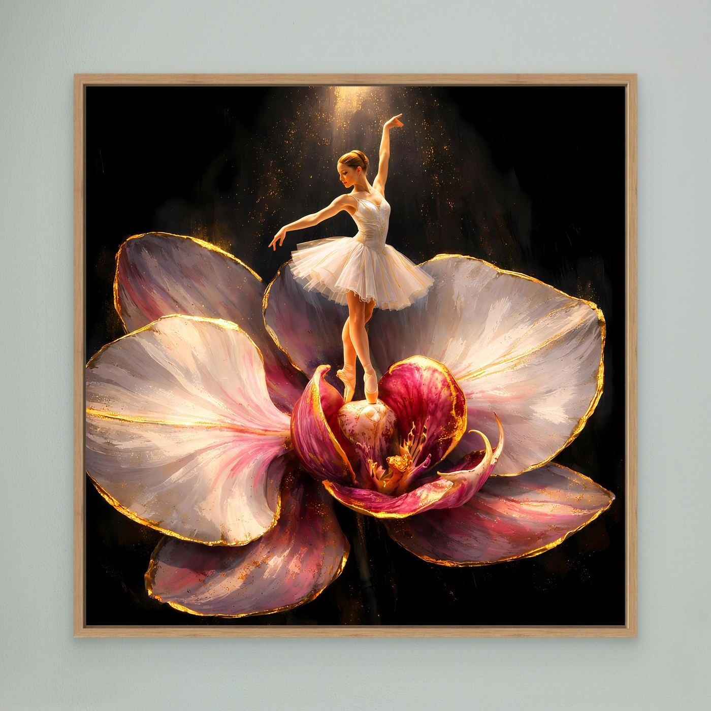 Premium Leinwand Elegante Ballerina auf Orchidee | Abstraktes Ballett Wandbild mit Goldakzenten