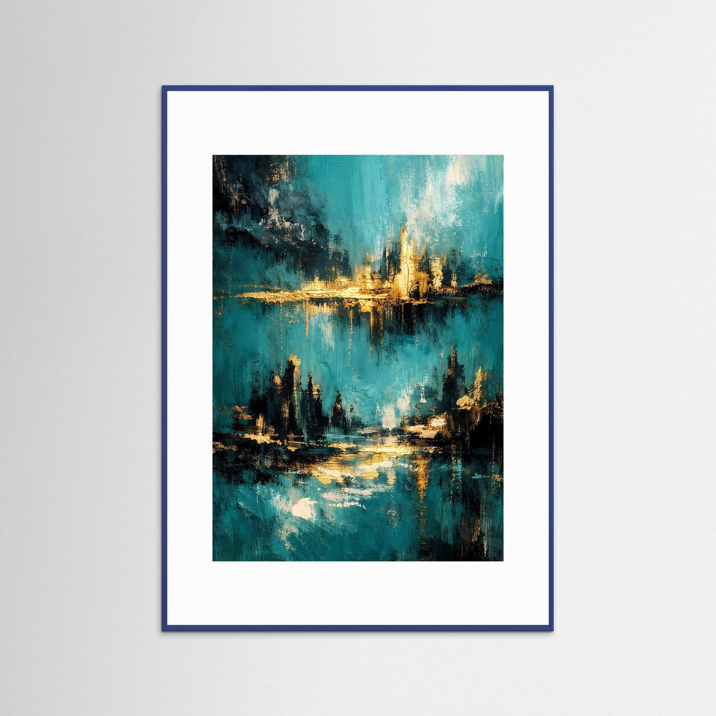 Hochformat-Poster mit abstraktem Meer in Türkis, Petrol und Gold, blau gerahmt