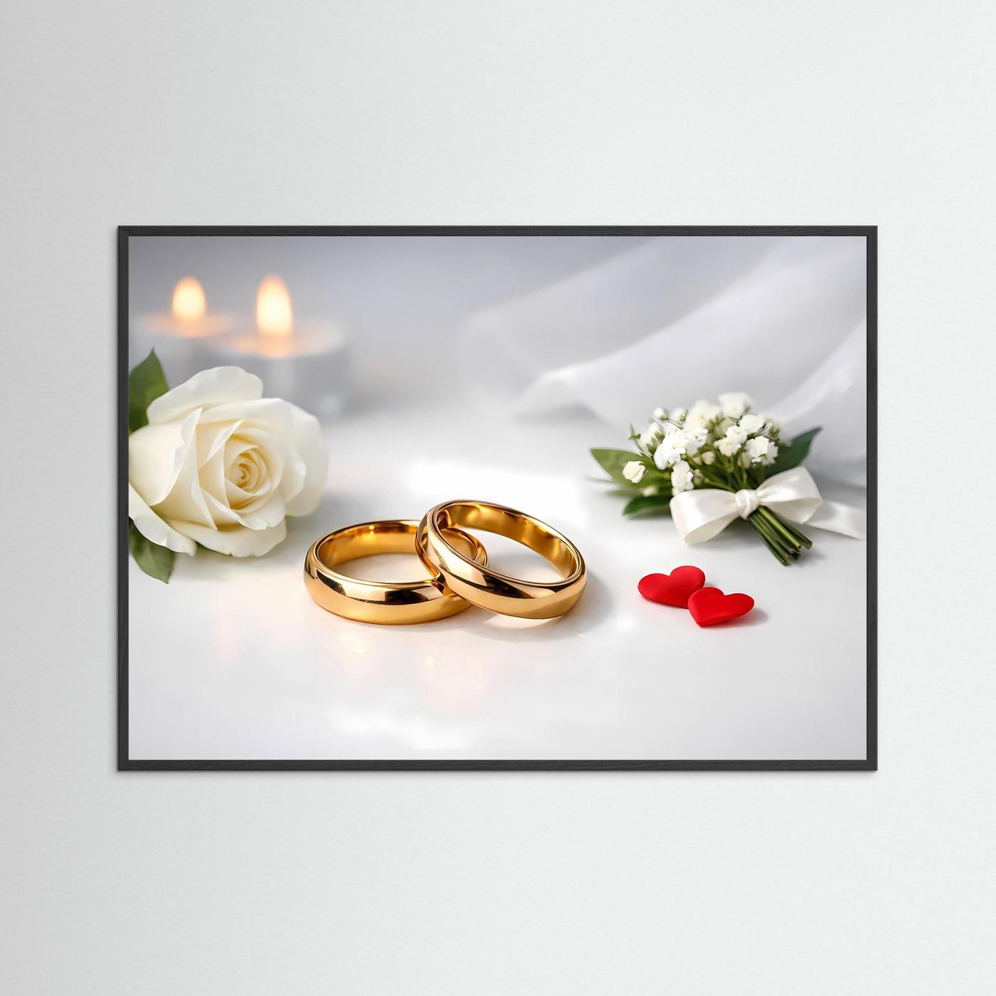 Hochzeits-Poster im schwarzen Rahmen mit goldenen Eheringen, weißer Rose, Kerzen