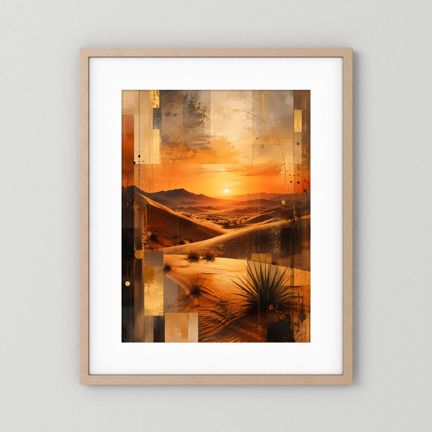 Wüstenlandschafts-Poster, Hochformat, hellbrauner Holzrahmen; orange-schwarze Dünen mit weißem Rand