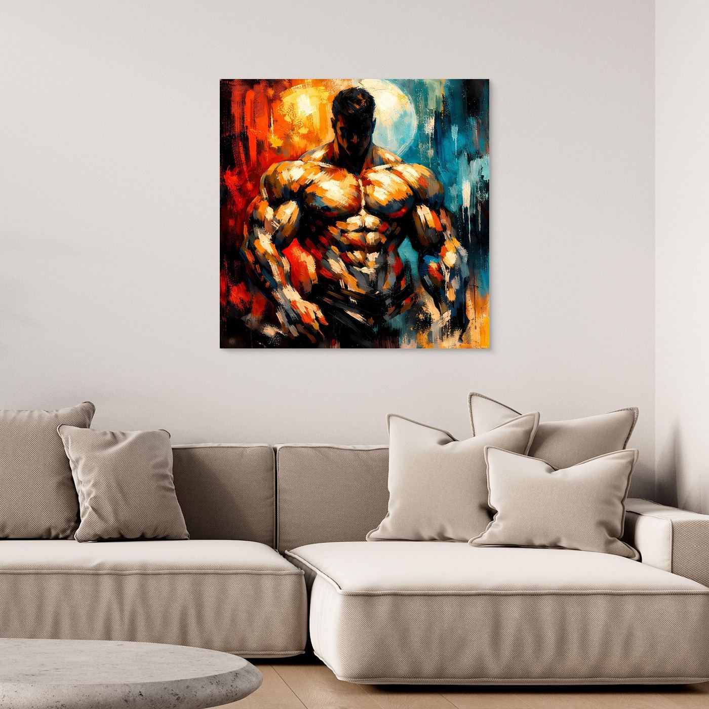 Leinwandbild mit abstraktem Bodybuilder-Motiv, kräftige Farbflächen in Rot, Orange und Blau