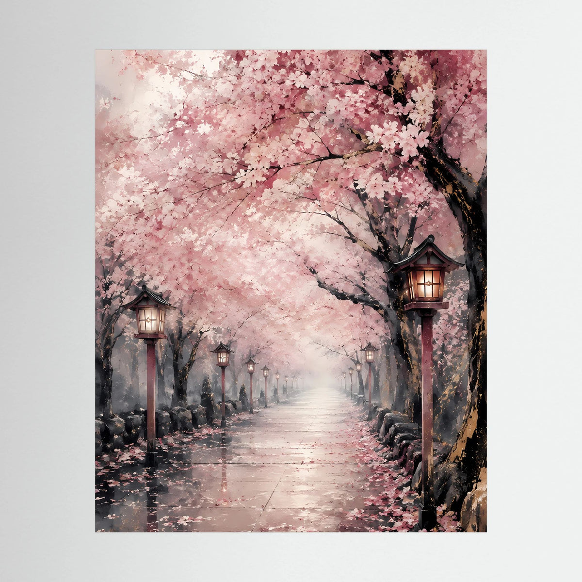 Hochformatposter mit rosafarbenen Kirschblüten über einem Laternenweg und Schattengasse