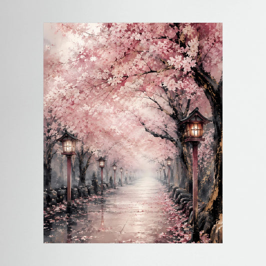 Hochformatposter mit rosafarbenen Kirschblüten über einem Laternenweg und Schattengasse