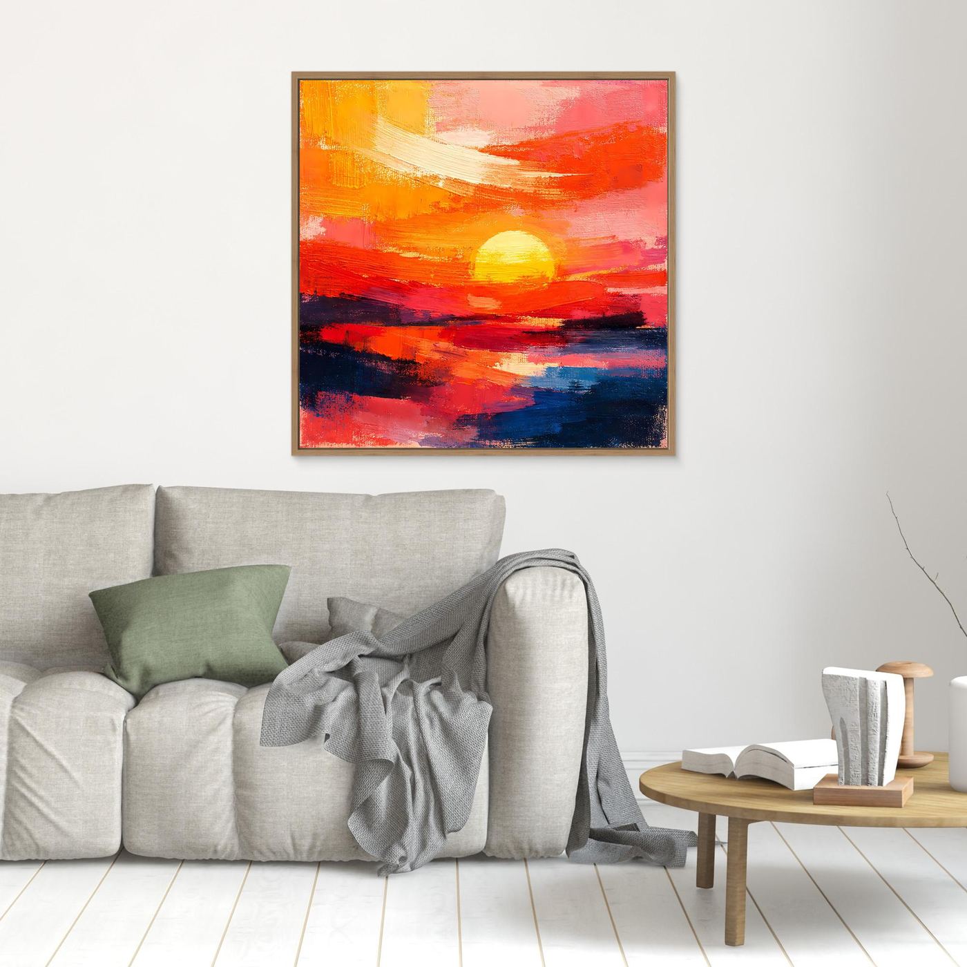 Abstract sunset seascape canvas wall art, light wood frame; yellow sun and orange-pink sky