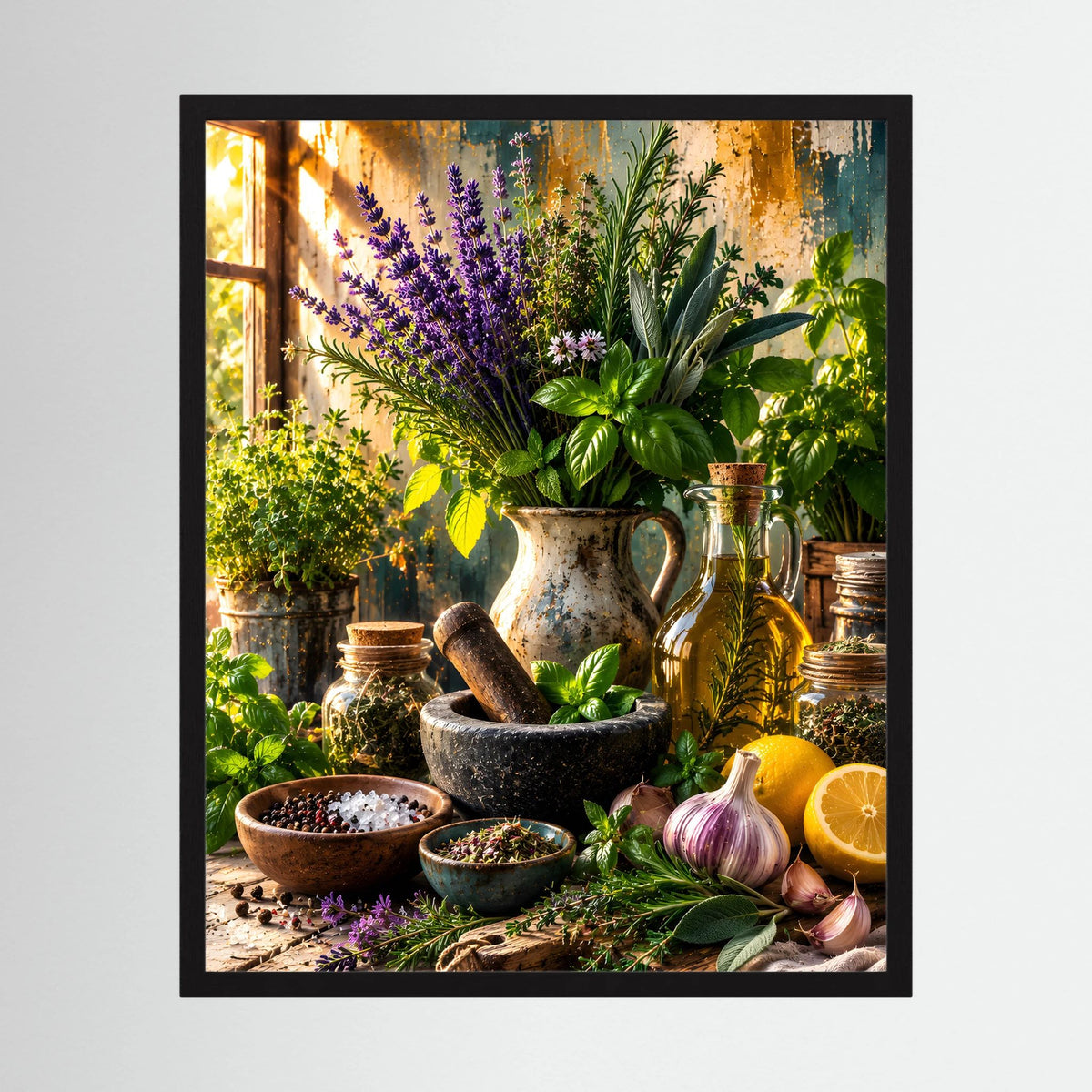 Gerahmtes Kräuterposter mit Lavendel und Kräutern in Töpfen, schwarzer Rahmen