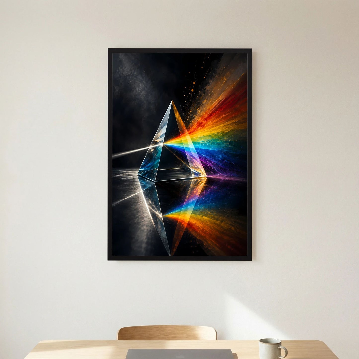 Poster mit Prisma und Regenbogenstrahlen im schwarzen Rahmen, zentral an der Wand