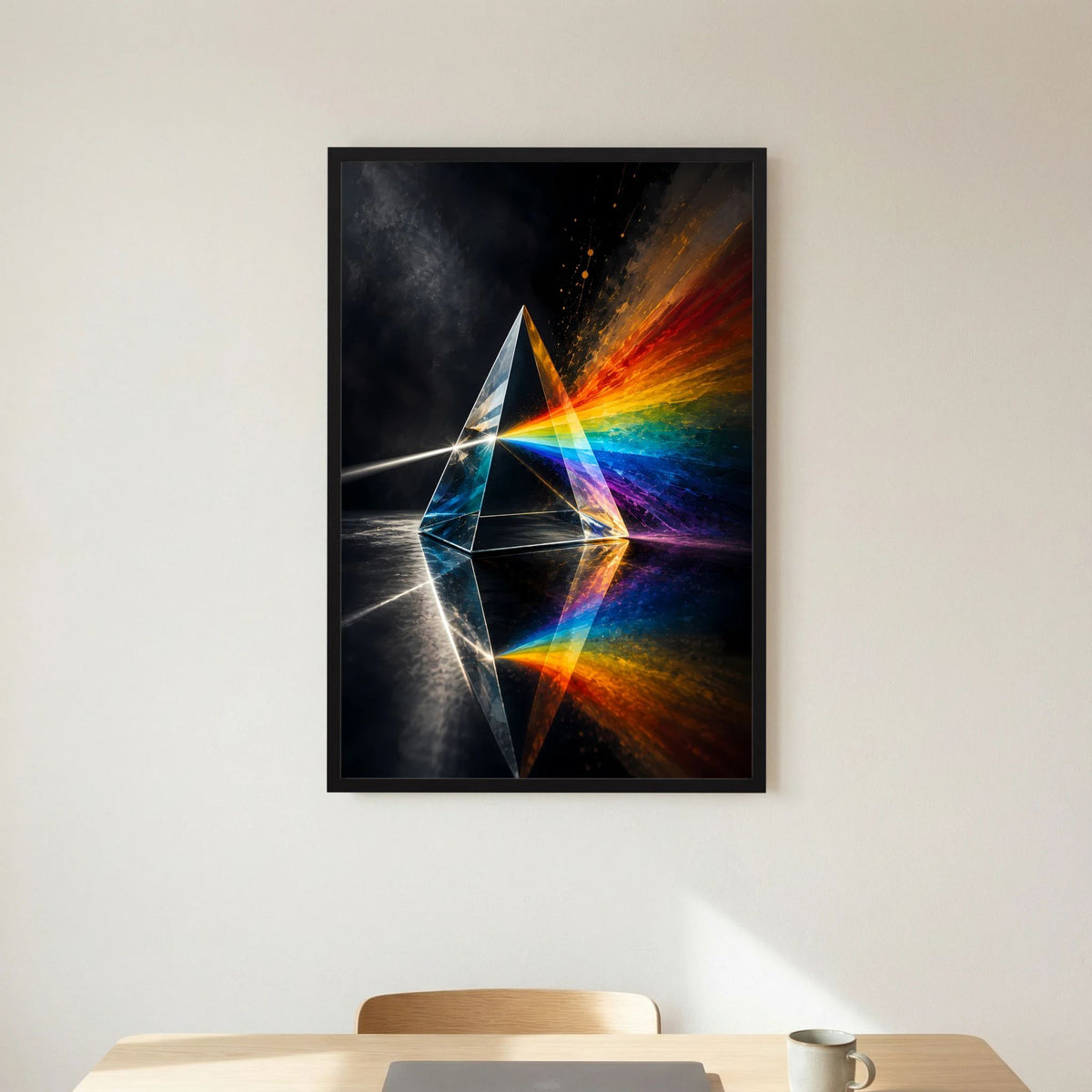 Poster mit Prisma und Regenbogenstrahlen im schwarzen Rahmen, zentral an der Wand