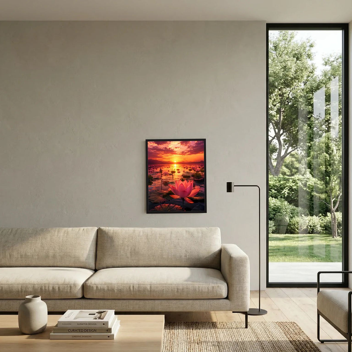 Schwarz gerahmte Wandkunst im Hochformat mit rosa Lotusblüte bei Sonnenuntergang