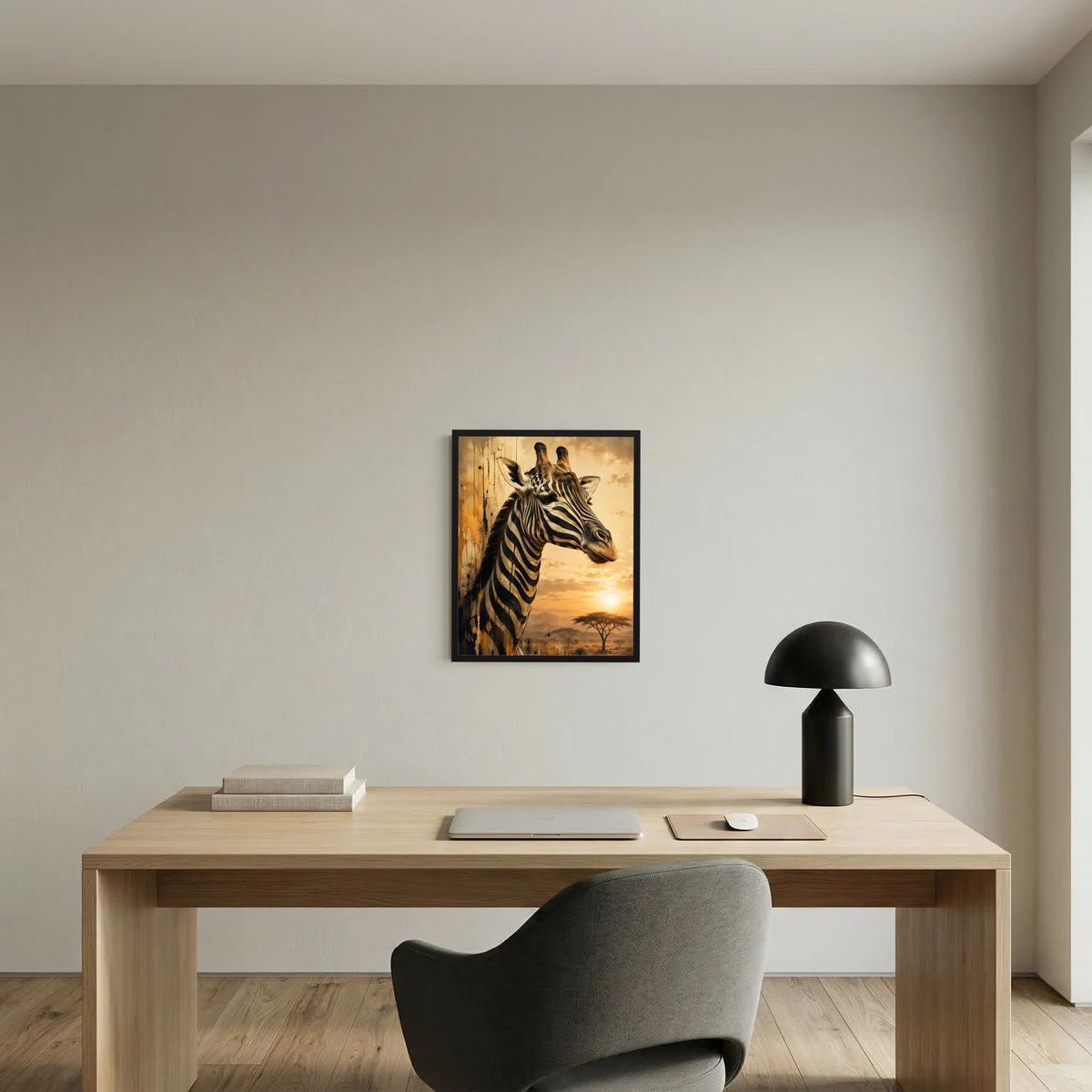 Giraffen-Tierposter im Zebra-Look, gerahmt in Schwarz, Goldener Sonnenuntergang