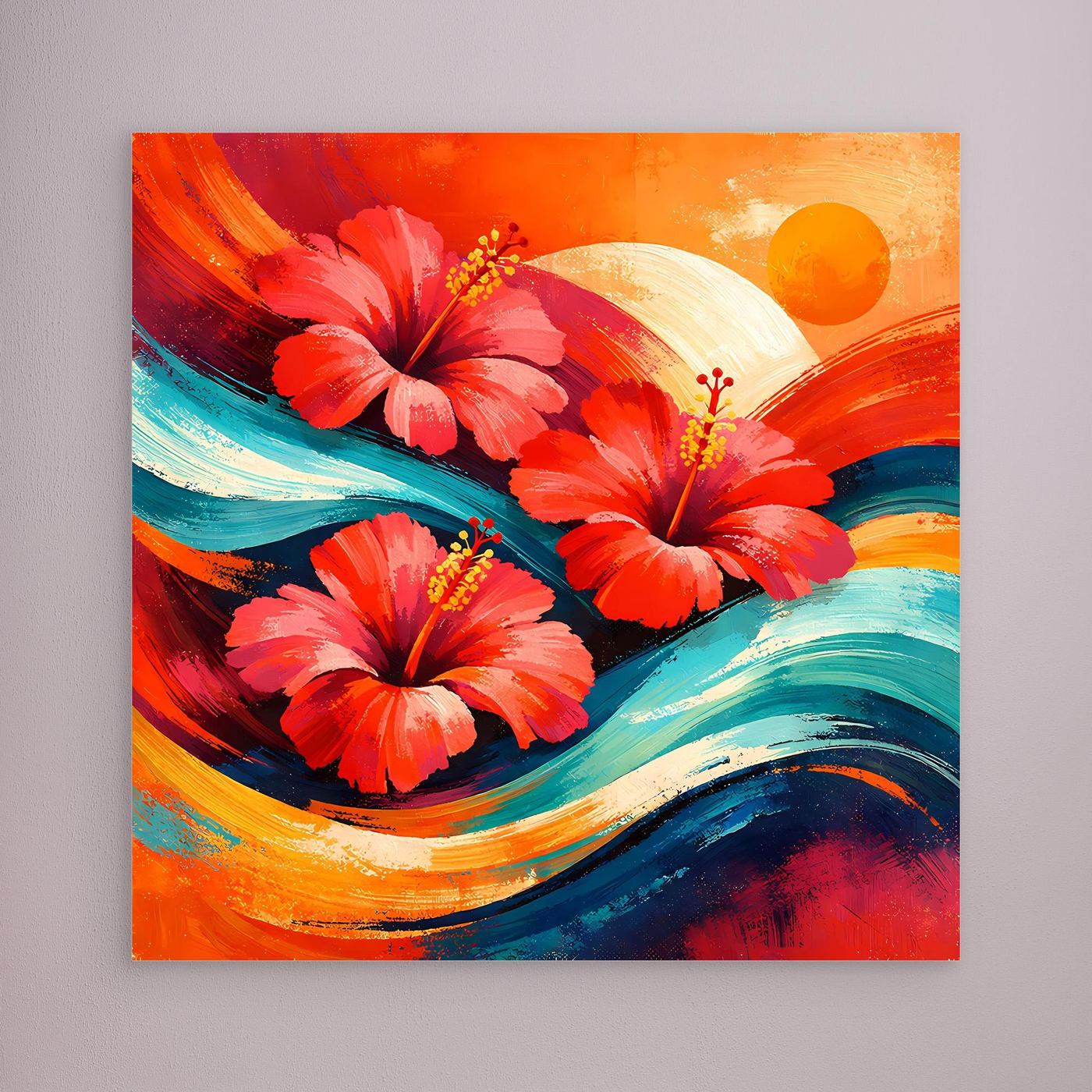 Leinwandbild mit tropischen Hibiskusblüten in Rot und Türkis, ohne sichtbaren Rahmen
