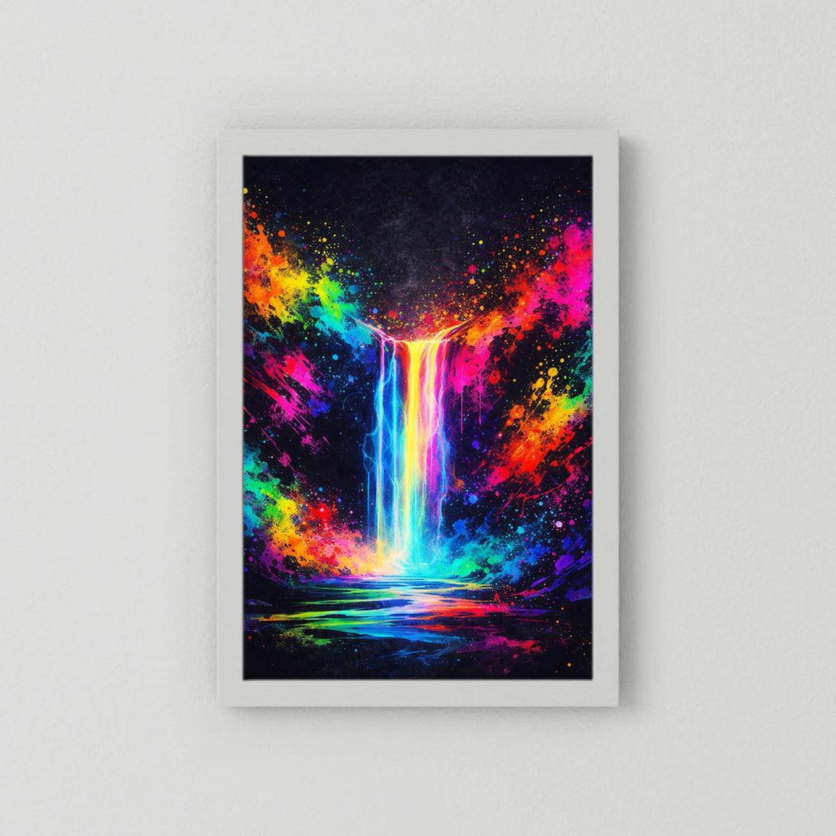 Neon-Wandposter im weißen Passepartout, abstrakter Wasserfall in Regenbogenfarben, Hochformat