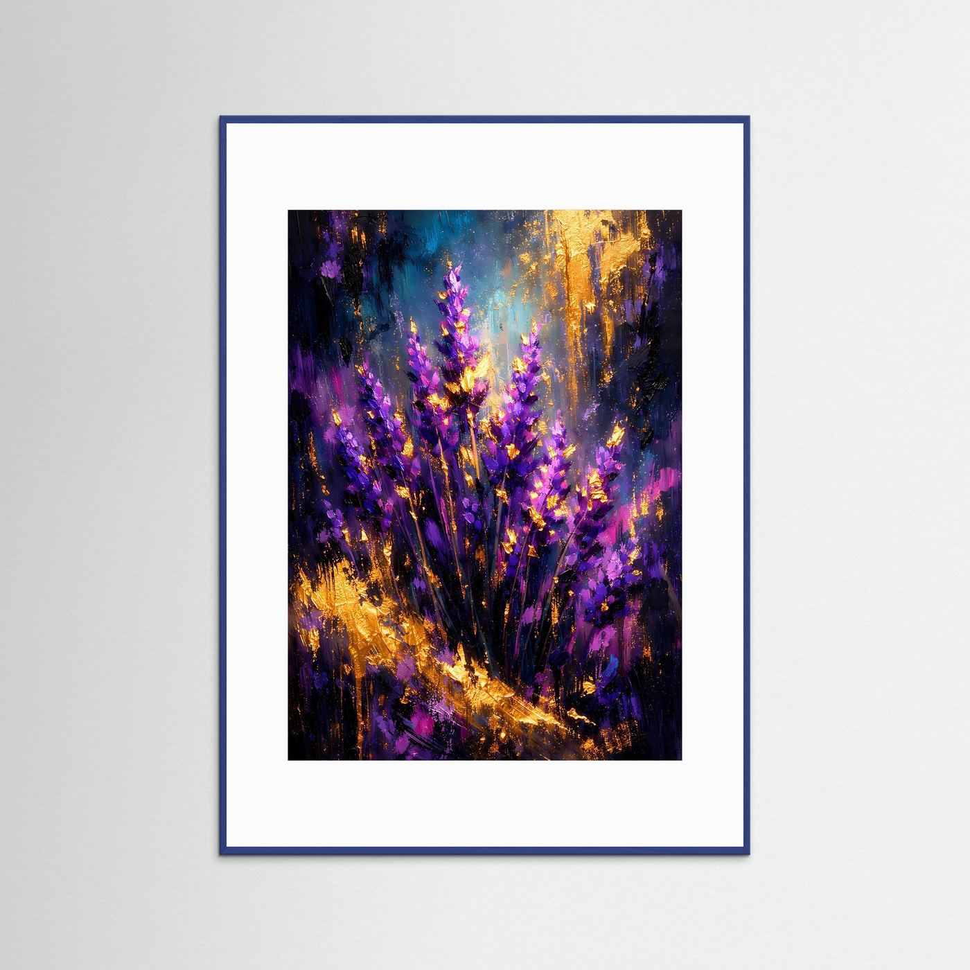 Abstraktes Kunstposter mit lila und goldfarbenem Blumenmotiv, blauer Rahmen