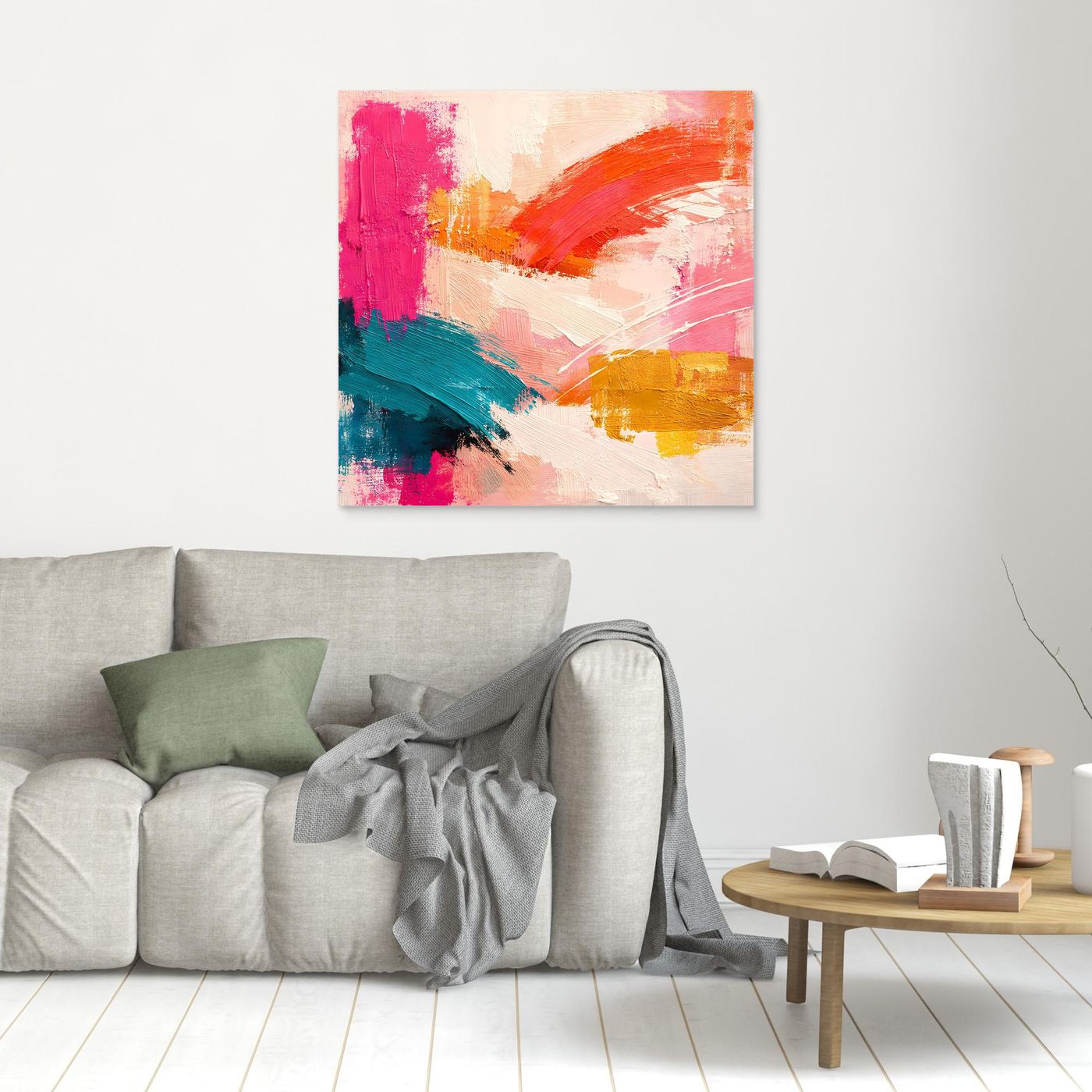 Quadratisches abstraktes Leinwand-Wandbild mit pastellfarbenen Pinselstrichen ohne Rahmen
