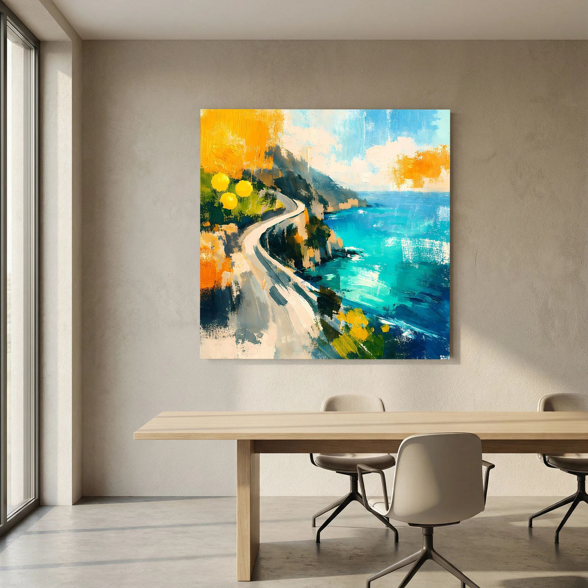 Abstraktes Wandbild auf Leinwand mit gewundener Straße, blauem Wasser und gelb-orangefarbenem Himmel
