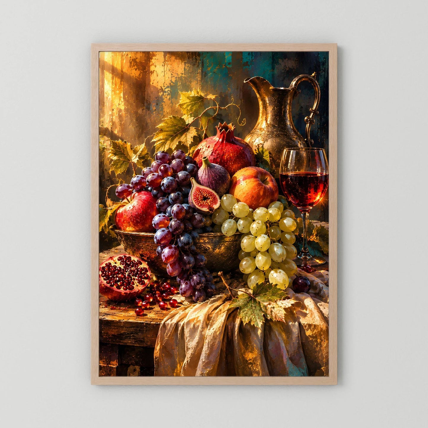 Hochformatiges Poster in hellem Holzrahmen mit Trauben, Feigen, Granatapfel und Wein.