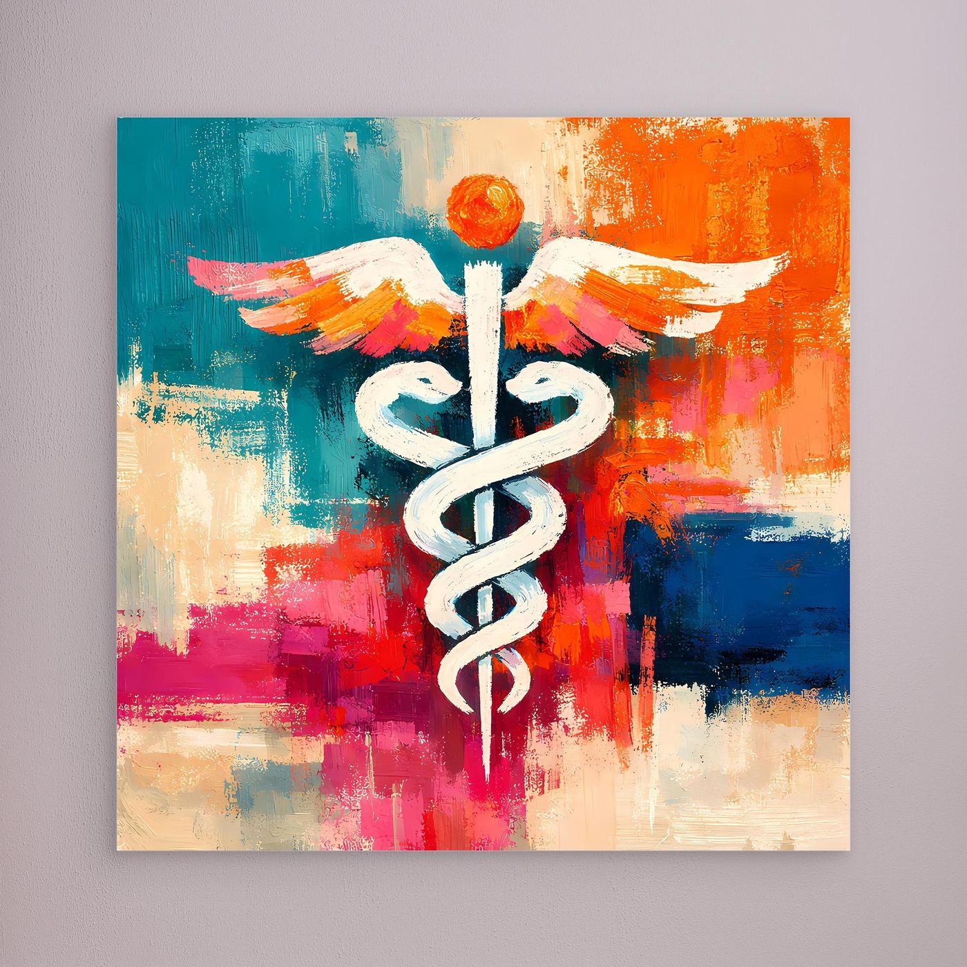 Abstract medical caduceus canvas with wings, colorful brushstrokes, beige frame